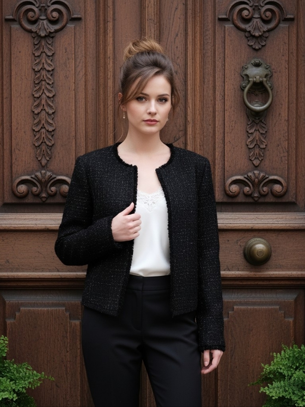 Calvin Klein Black Metallic Bouclé Jacket w/Frayed Hem & Pockets – Size 12